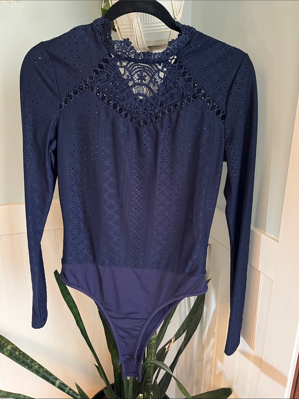 Long-Sleeve Navy Lace Yoke Bodysuit